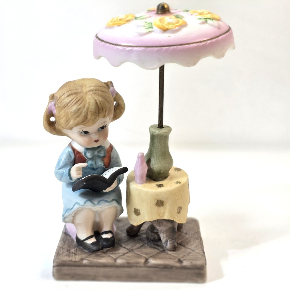 Vintage Lefton Collectible Taiwan Bisque Porcelain Girl Reading Under Umbrella